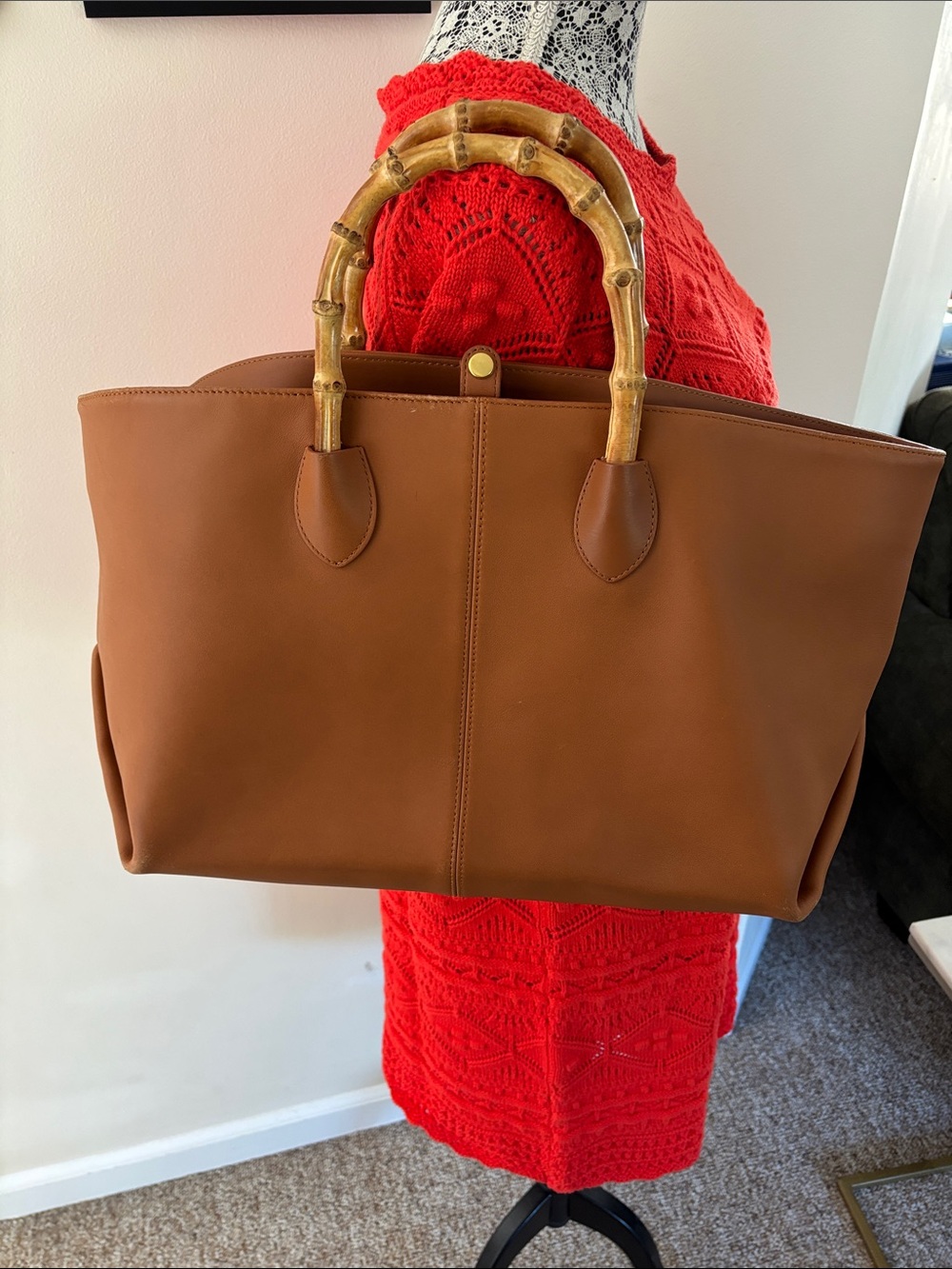 J. McLaughlin Bamboo-Handle Shoulder Chestnut Brown Tote Bag-Gorgeous! - Picture 3 of 13